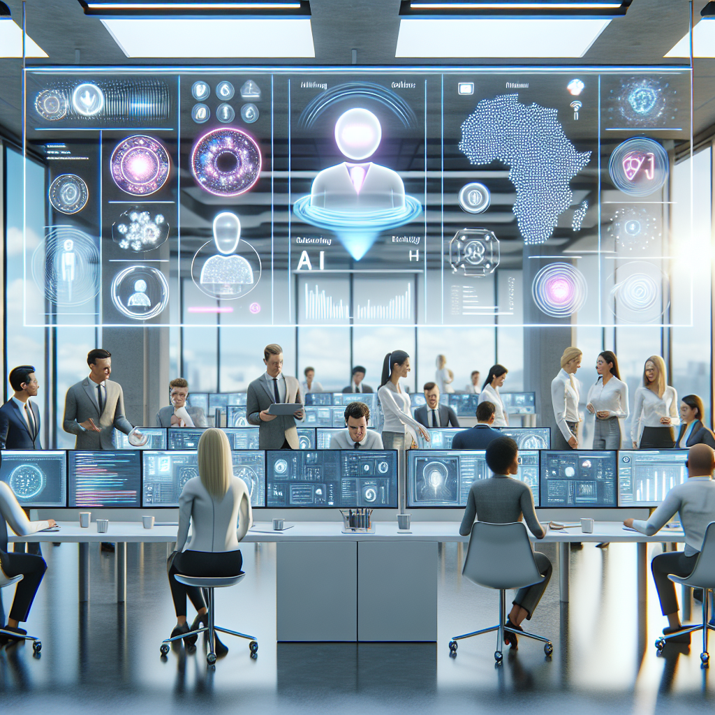 A futuristic scene showing AI agents in action with German professionals, highlighting real-world use cases like customer support, predictive maintenance, and autonomous learning robots, emphasizing the AI ecosystem and community events.