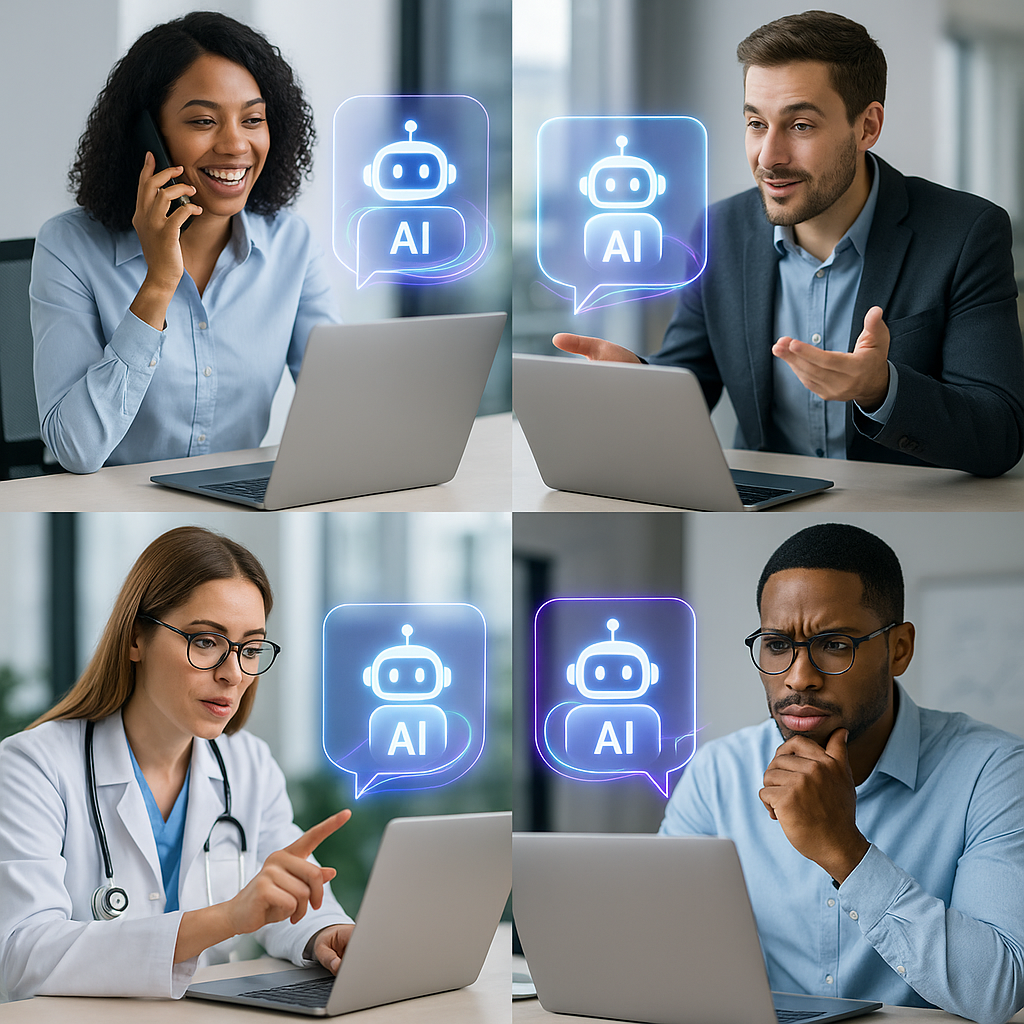 Visual representation of dynamic AI agents applied in various real-world sectors like customer support, sales, healthcare, and fraud detection, featuring diverse professionals interacting with AI tools.