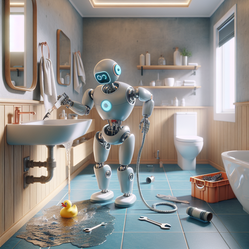 Illustration of a futuristic AI agent robot performing multiple tasks like walking a dog, reminding keys location, and doing household chores in a cozy home environment.