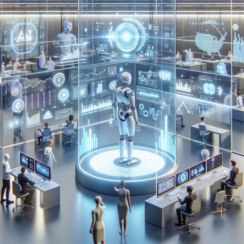 An illustration showing AI-powered robo-advisors managing investment portfolios through digital interfaces, highlighting cost-effectiveness and 24/7 accessibility.