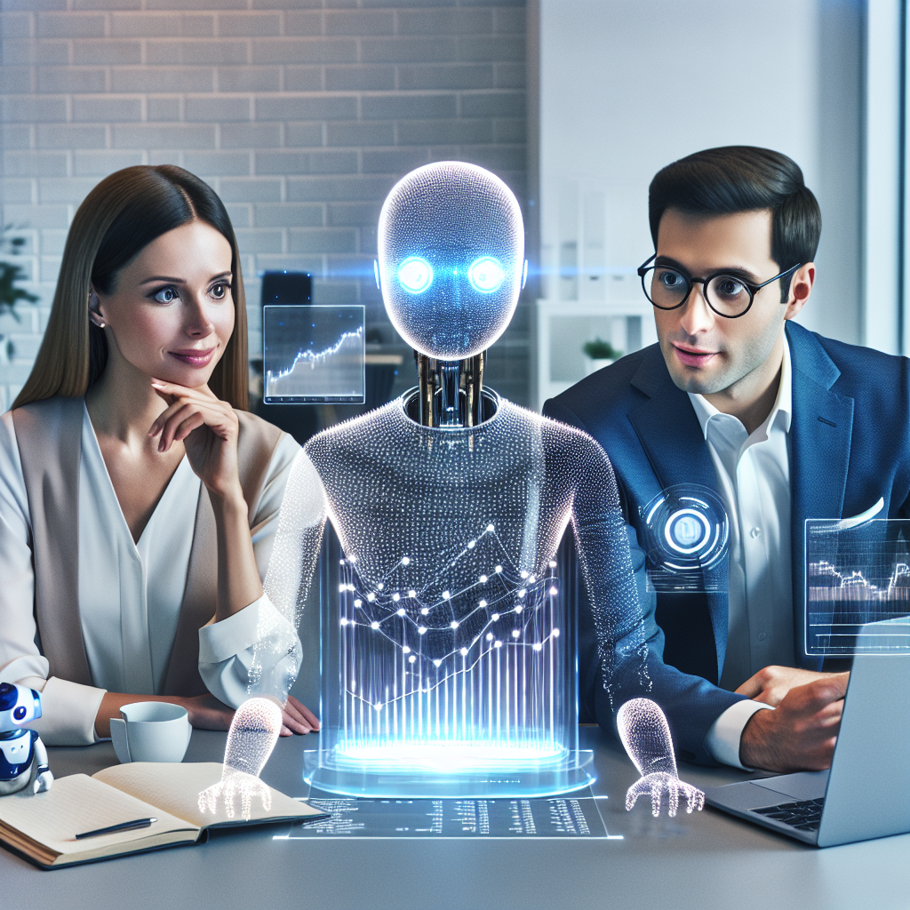 A collaborative image depicting AI and human financial advisors working together, combining technology and empathy to deliver optimal financial advice.
