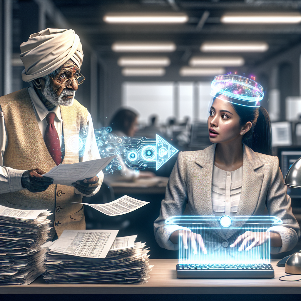 An illustration showing the transition from traditional credit scoring methods (paperwork, old-fashioned clerk) to modern AI-powered credit scoring, depicting a high-tech AI system analyzing data.