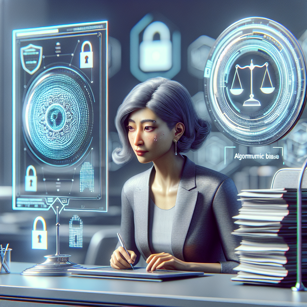 A conceptual graphic highlighting challenges and ethical considerations of AI in credit scoring, such as data privacy (locks or shields), algorithmic bias (balanced scales), and regulatory compliance (legal documents or a shield).