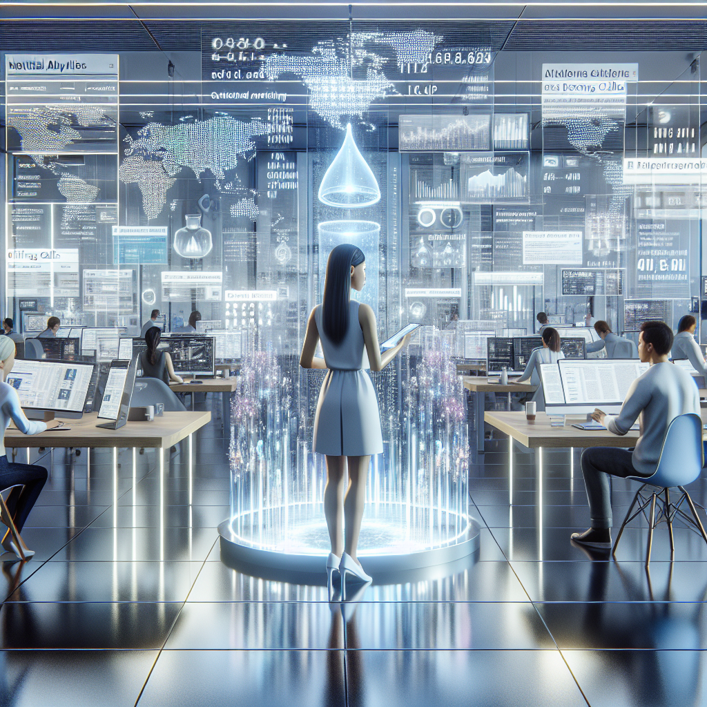 A dynamic scene showcasing natural language processing in finance: streams of news articles, social media posts, and earnings calls being transformed into actionable insights with sentiment analysis and generative AI.