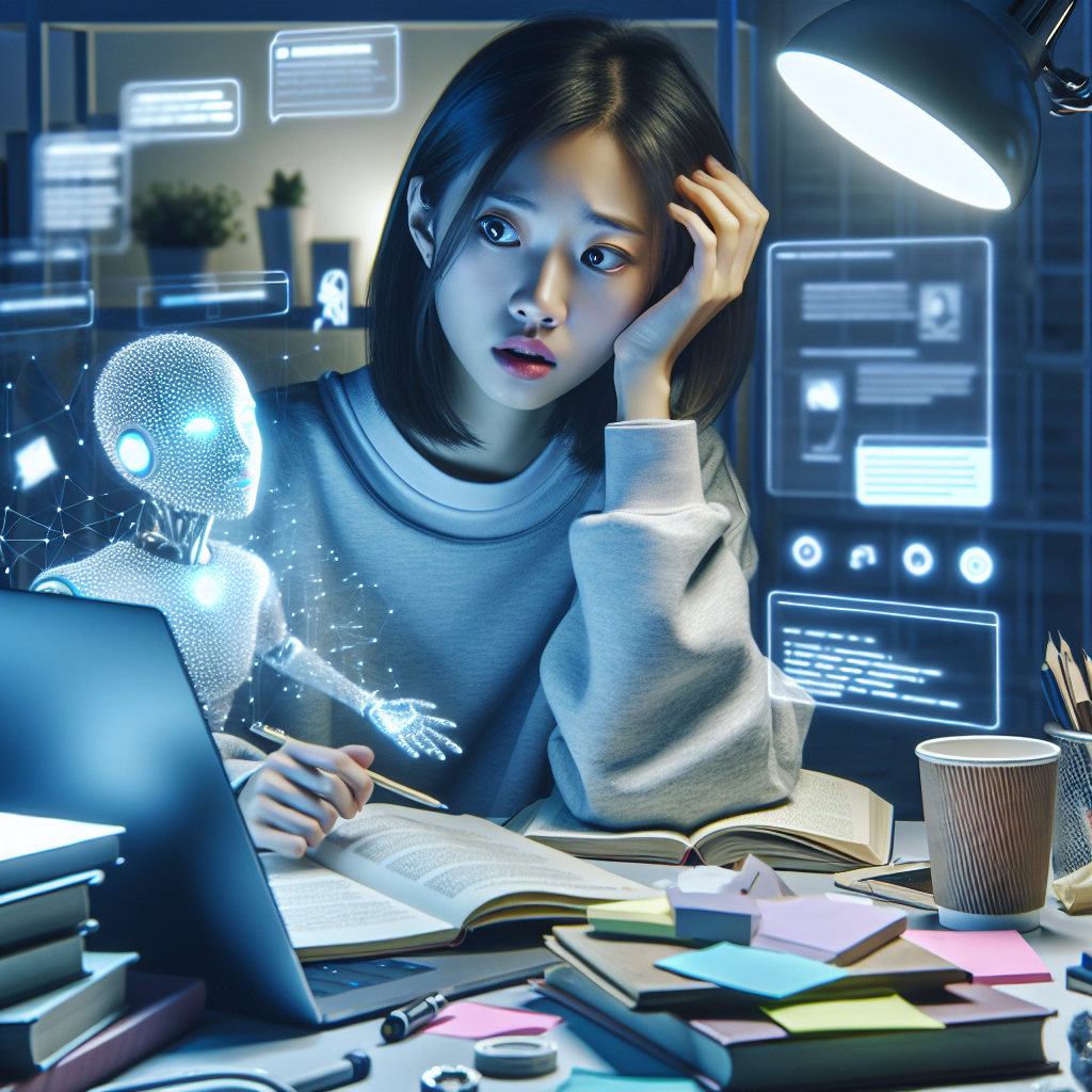 A student happily using AI-powered study tools on a laptop, with visual elements like personalized learning modules, AI tutor icons, and quick research summaries.