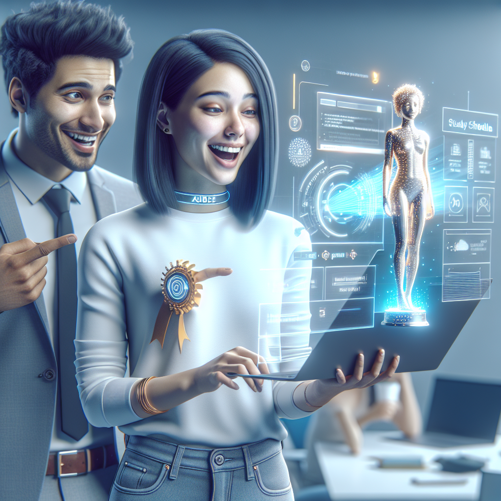 The proud student receiving the Student of the Year award, smiling confidently with a balanced lifestyle around, symbolizing the holistic success achieved with AI.